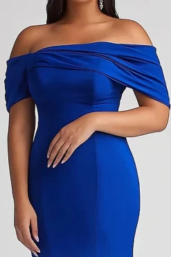 Azul Real Fora do Ombro Sereia Cetim Tamanhos Grandes Longo Vestido Mae Noiva