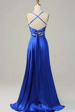 Azul Real Halter A Line Vestido Para Casamento Convidada