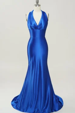 Azul Real Halter Vestido de Cerimónia