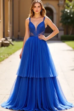 Azul Real Linha-A Tule Renda Longo Decote em V Vestido de Baile