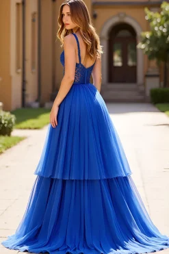 Azul Real Linha-A Tule Renda Longo Decote em V Vestido de Baile