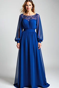 Azul Real Mangas Compridas Chiffon Linha-A Longo Vestido Mae Noiva