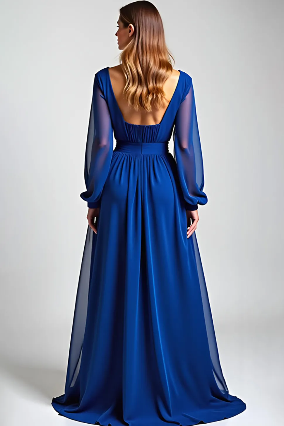 Azul Real Mangas Compridas Chiffon Linha-A Longo Vestido Mae Noiva