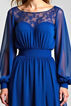 Azul Real Mangas Compridas Chiffon Linha-A Longo Vestido Mae Noiva