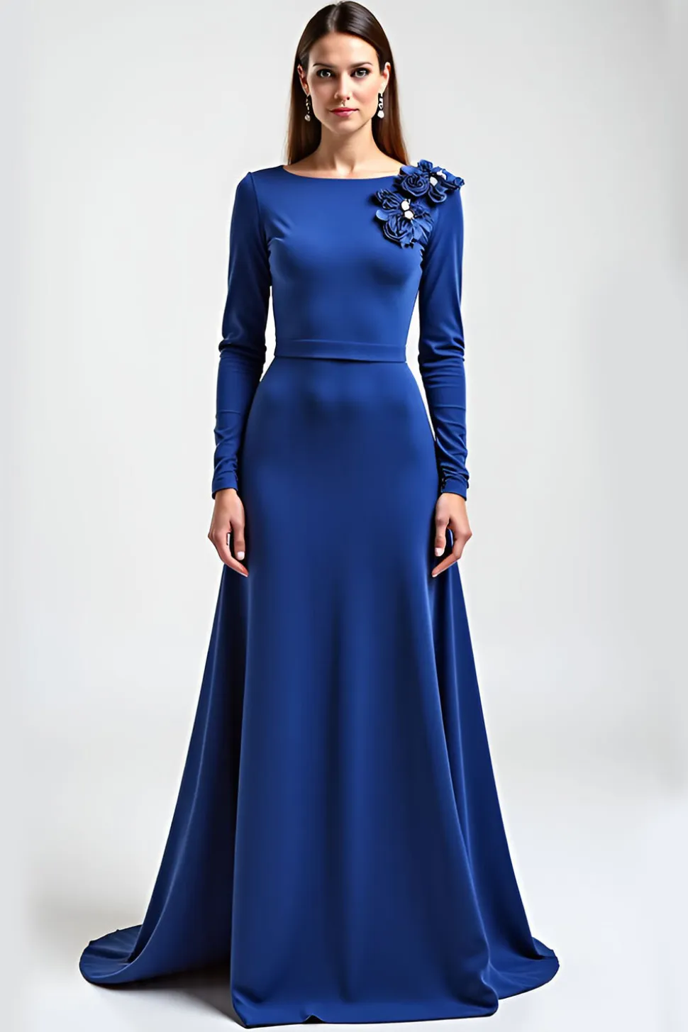 Azul Real Mangas Compridas Linha-A Longo Vestido Mae Noiva