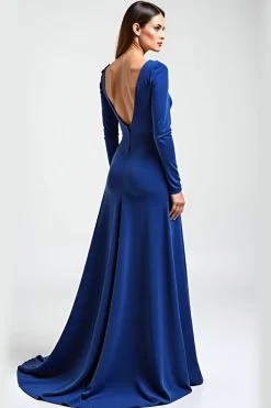Azul Real Mangas Compridas Linha-A Longo Vestido Mae Noiva