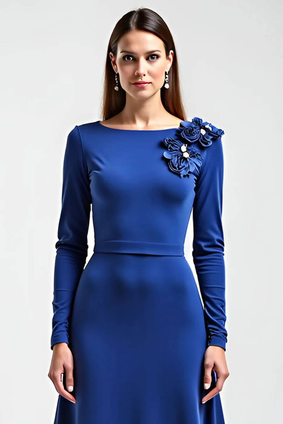 Azul Real Mangas Compridas Linha-A Longo Vestido Mae Noiva