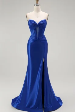 Azul Real Sereia Cetim Espartilho Longos Vestido de Baile com Fenda