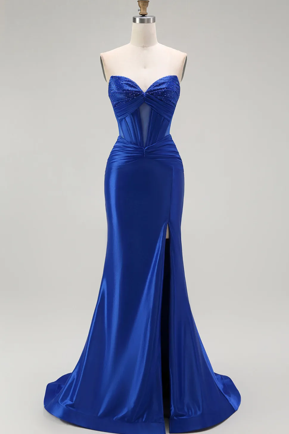 Azul Real Sereia Cetim Espartilho Longos Vestido de Baile com Fenda