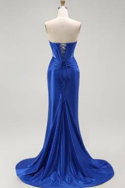 Azul Real Sereia Cetim Espartilho Longos Vestido de Baile com Fenda