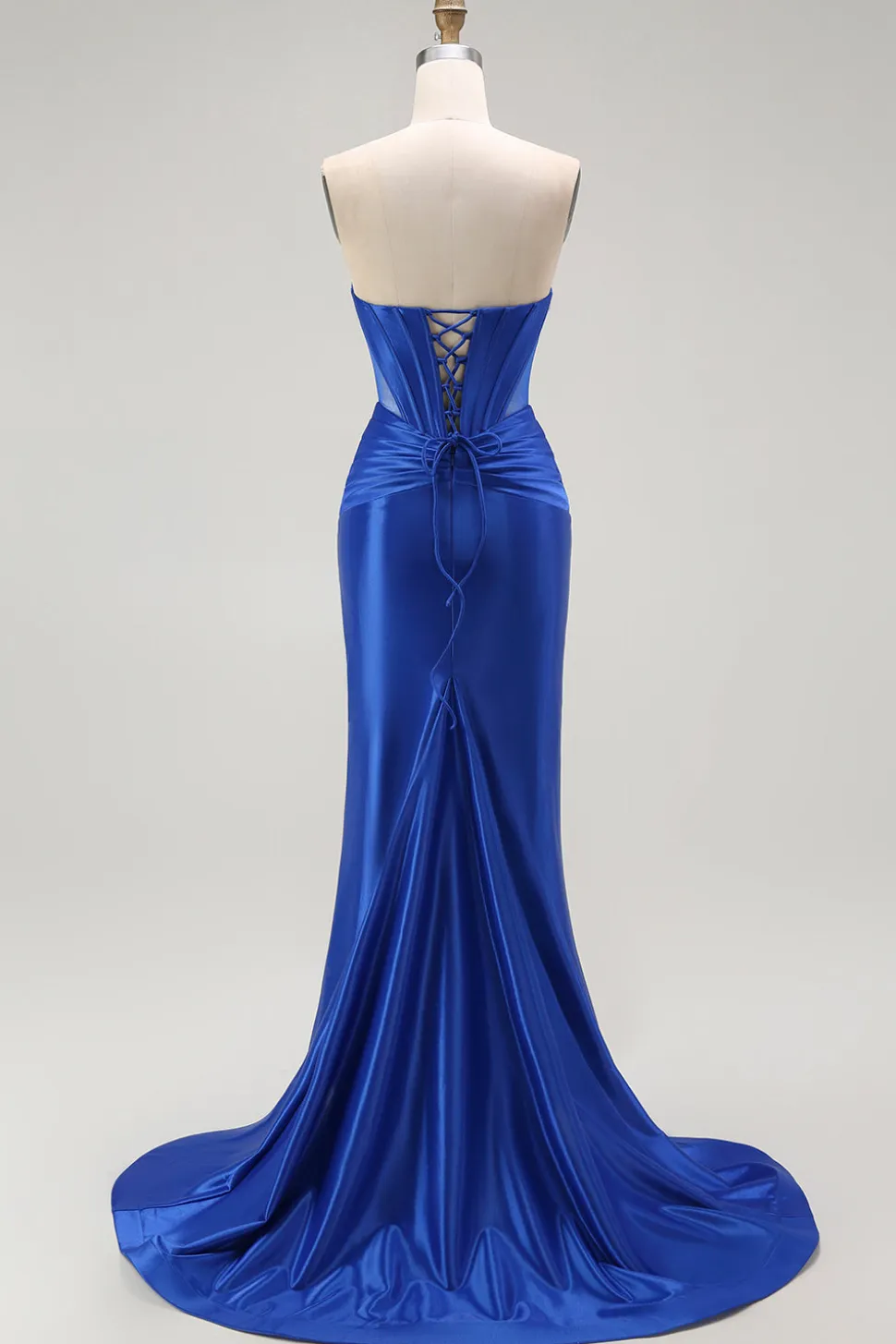 Azul Real Sereia Cetim Espartilho Longos Vestido de Baile com Fenda