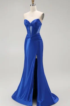 Azul Real Sereia Cetim Espartilho Longos Vestido de Baile com Fenda