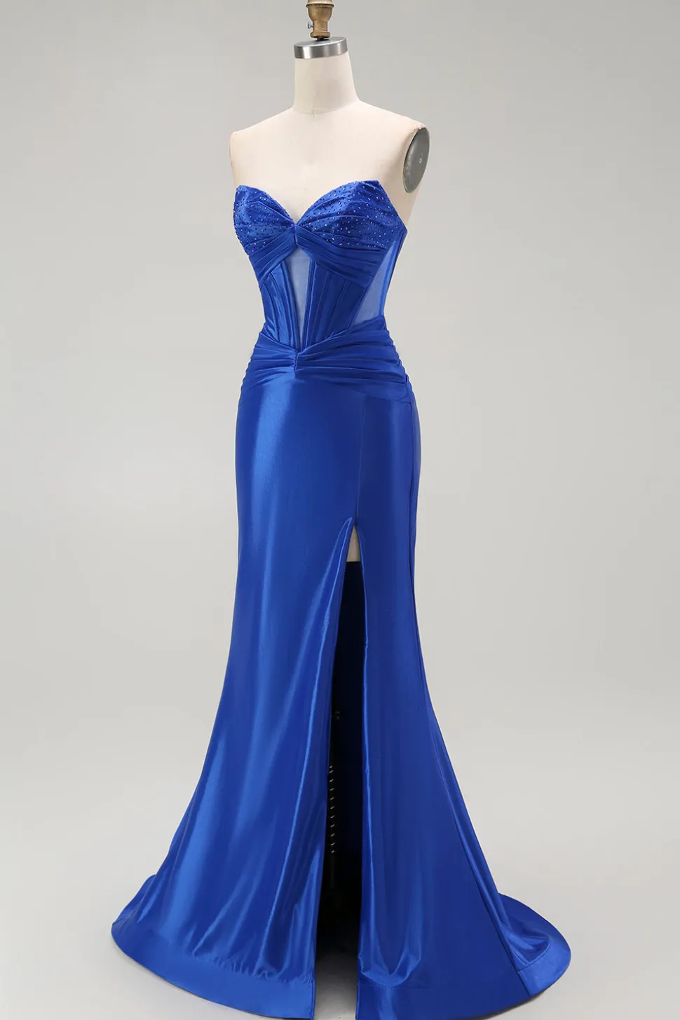 Azul Real Sereia Cetim Espartilho Longos Vestido de Baile com Fenda