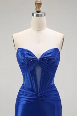 Azul Real Sereia Cetim Espartilho Longos Vestido de Baile com Fenda