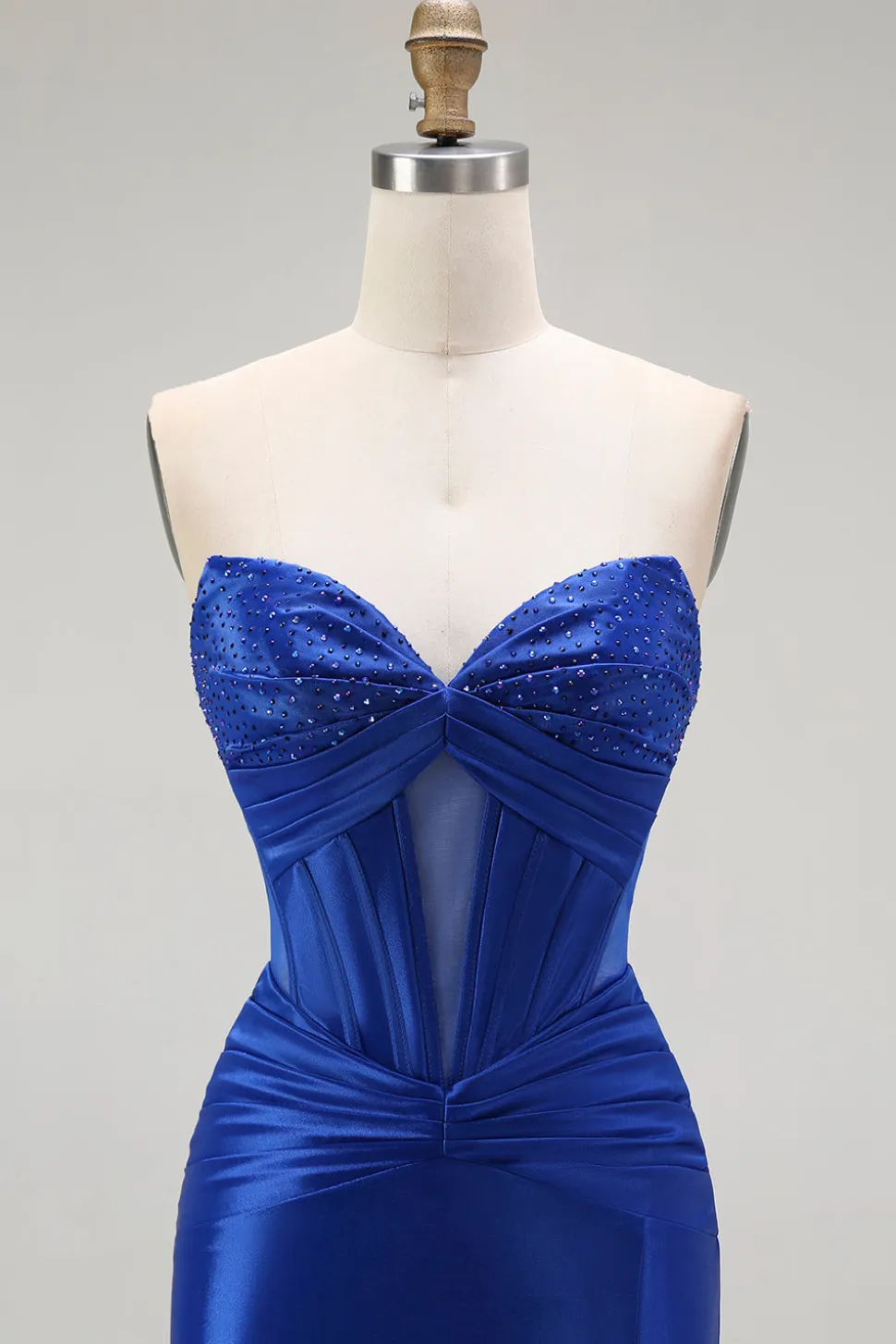 Azul Real Sereia Cetim Espartilho Longos Vestido de Baile com Fenda