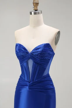 Azul Real Sereia Cetim Espartilho Longos Vestido de Baile com Fenda