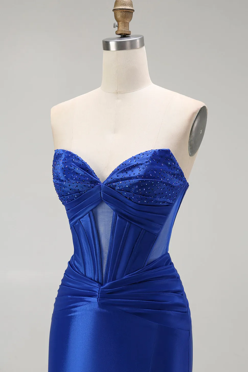 Azul Real Sereia Cetim Espartilho Longos Vestido de Baile com Fenda