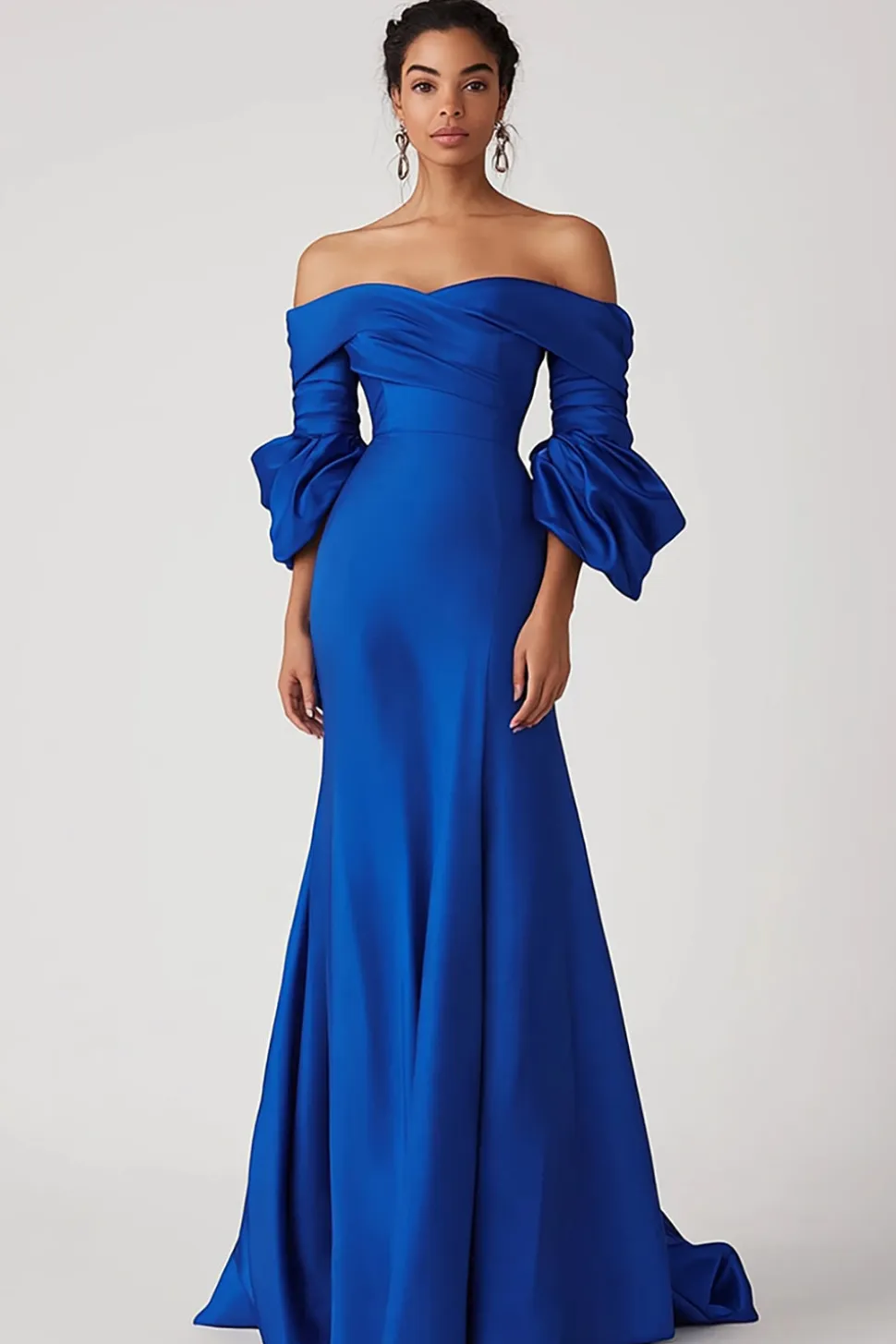 Azul Real Sereia Fora do Ombro Longo Cetim Vestidos Cerimónia
