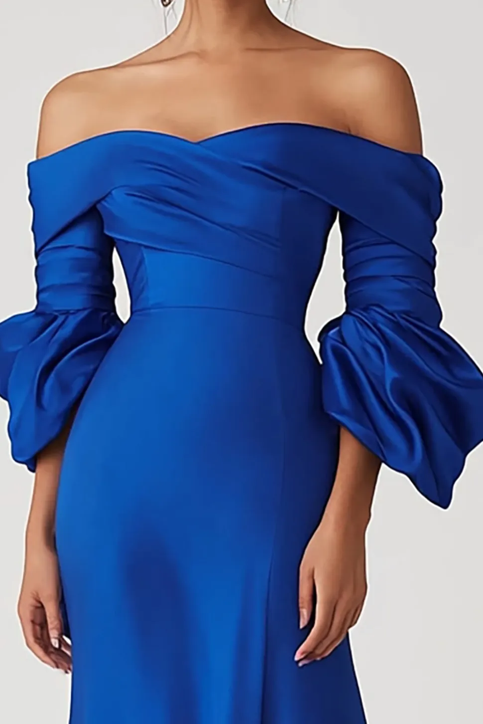 Azul Real Sereia Fora do Ombro Longo Cetim Vestidos Cerimónia