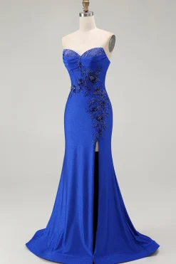 Azul Real Sereia Sem Alças Flores Longo Vestido De Baile Com Fenda