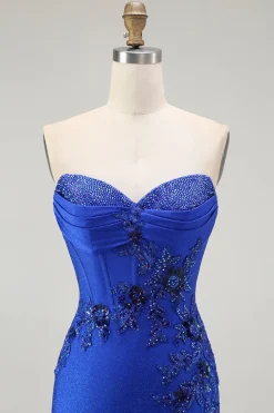 Azul Real Sereia Sem Alças Flores Longo Vestido De Baile Com Fenda