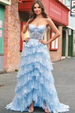 Azul sem alças Uma linha de lantejoulas Corset Tiered Long Prom Dress