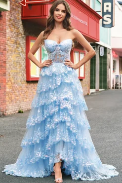 Azul sem alças Uma linha de lantejoulas Corset Tiered Long Prom Dress