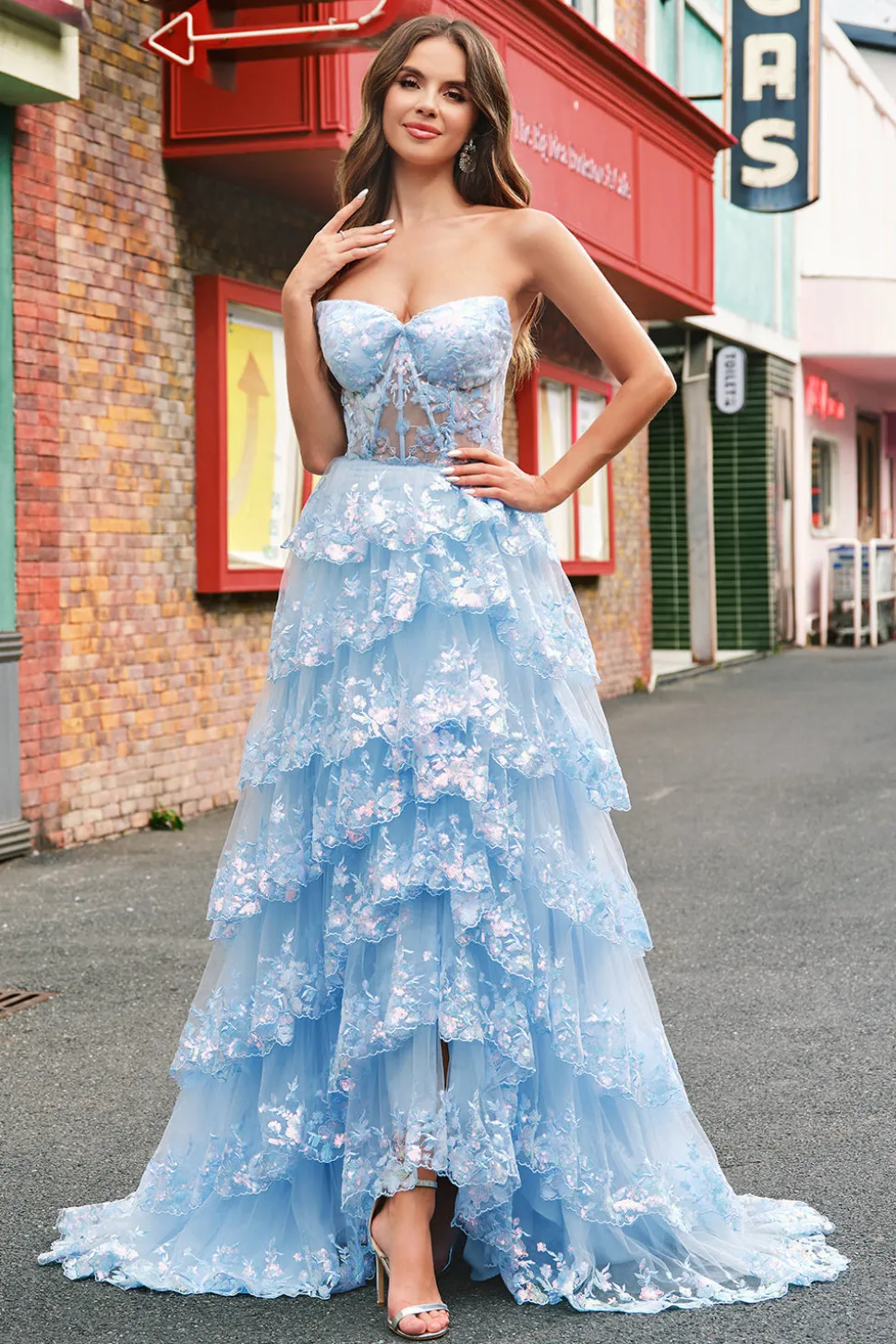 Azul sem alças Uma linha de lantejoulas Corset Tiered Long Prom Dress