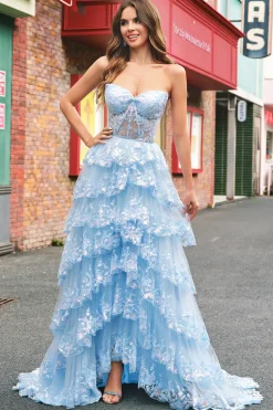 Azul sem alças Uma linha de lantejoulas Corset Tiered Long Prom Dress