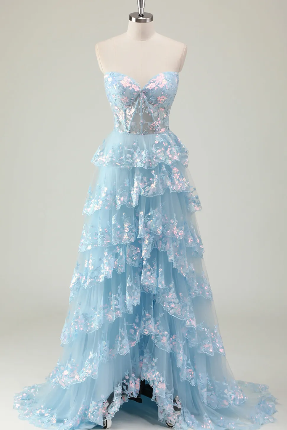 Azul sem alças Uma linha de lantejoulas Corset Tiered Long Prom Dress