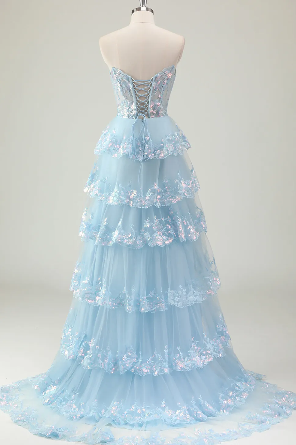 Azul sem alças Uma linha de lantejoulas Corset Tiered Long Prom Dress