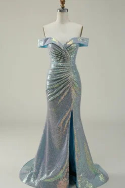 Azul Sereia Brilhante Fora do Ombro Vestido de Baile com Fenda
