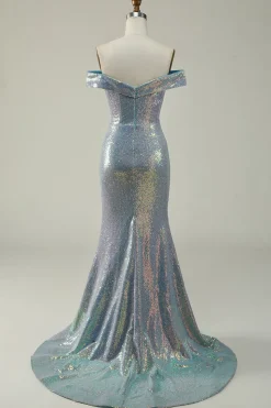 Azul Sereia Brilhante Fora do Ombro Vestido de Baile com Fenda