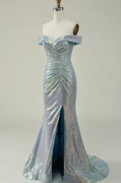Azul Sereia Brilhante Fora do Ombro Vestido de Baile com Fenda
