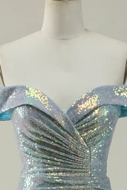 Azul Sereia Brilhante Fora do Ombro Vestido de Baile com Fenda