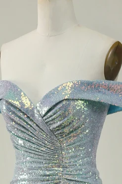 Azul Sereia Brilhante Fora do Ombro Vestido de Baile com Fenda