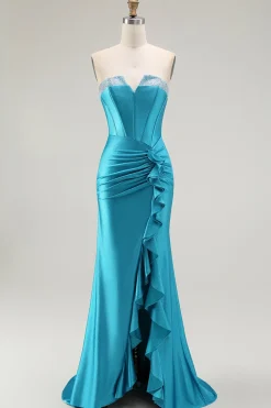 Azul Sereia Espartilho Direto Longos Vestido De Baile Com Fenda