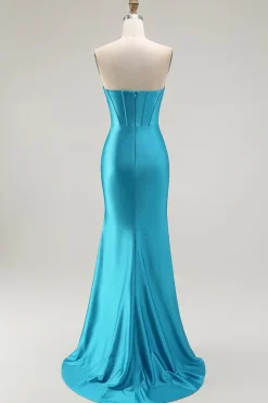Azul Sereia Espartilho Direto Longos Vestido De Baile Com Fenda