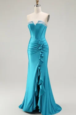 Azul Sereia Espartilho Direto Longos Vestido De Baile Com Fenda