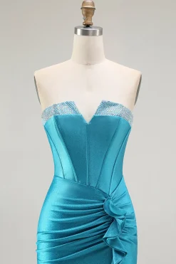 Azul Sereia Espartilho Direto Longos Vestido De Baile Com Fenda