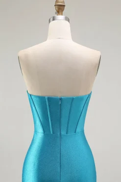 Azul Sereia Espartilho Direto Longos Vestido De Baile Com Fenda