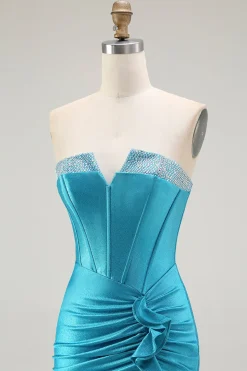 Azul Sereia Espartilho Direto Longos Vestido De Baile Com Fenda