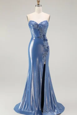 Azul Sereia Espartilho Miçangas Flores Longos Vestido De Baile Com Fenda