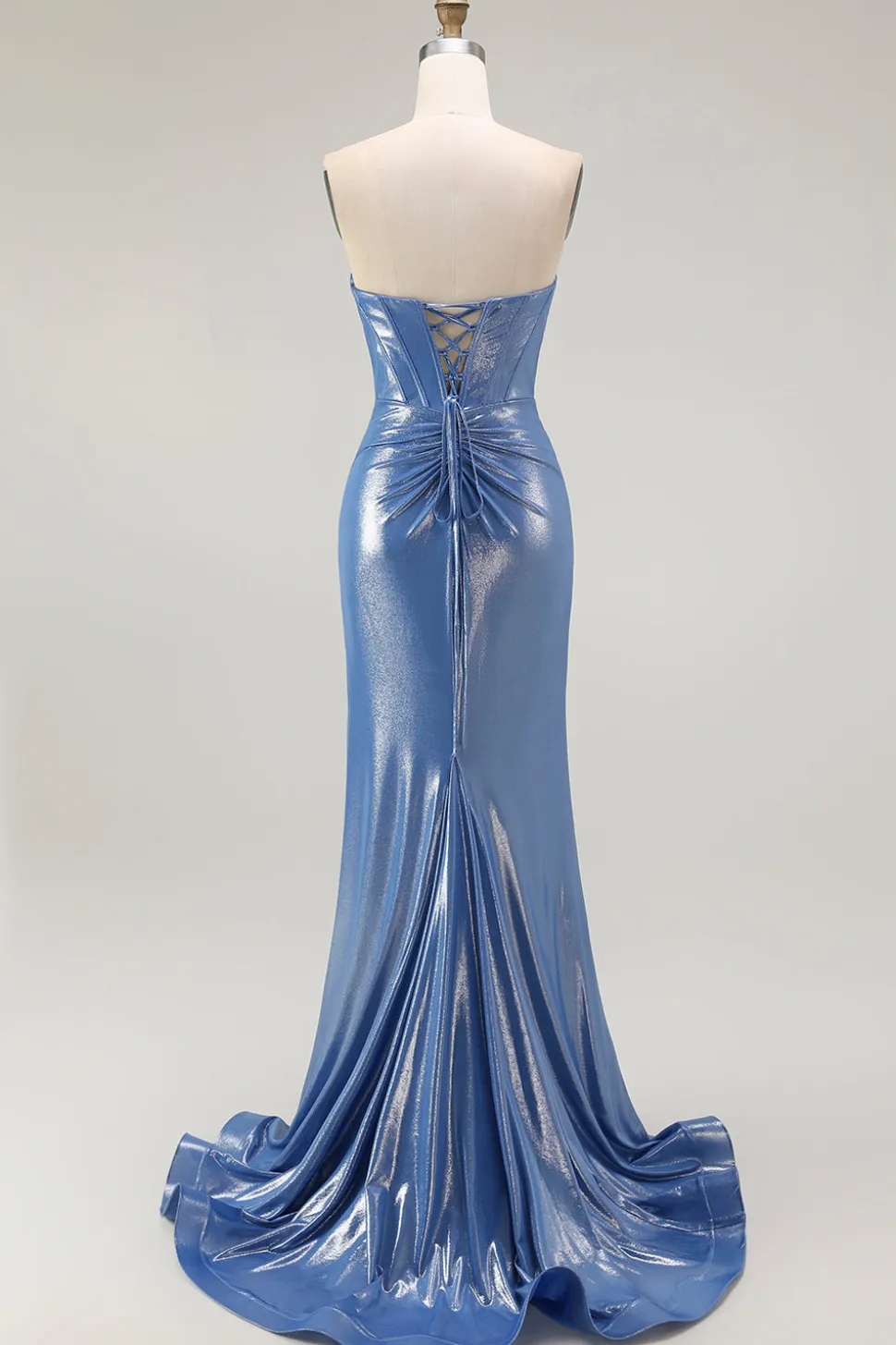 Azul Sereia Espartilho Miçangas Flores Longos Vestido De Baile Com Fenda