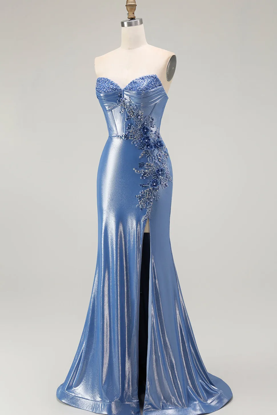 Azul Sereia Espartilho Miçangas Flores Longos Vestido De Baile Com Fenda