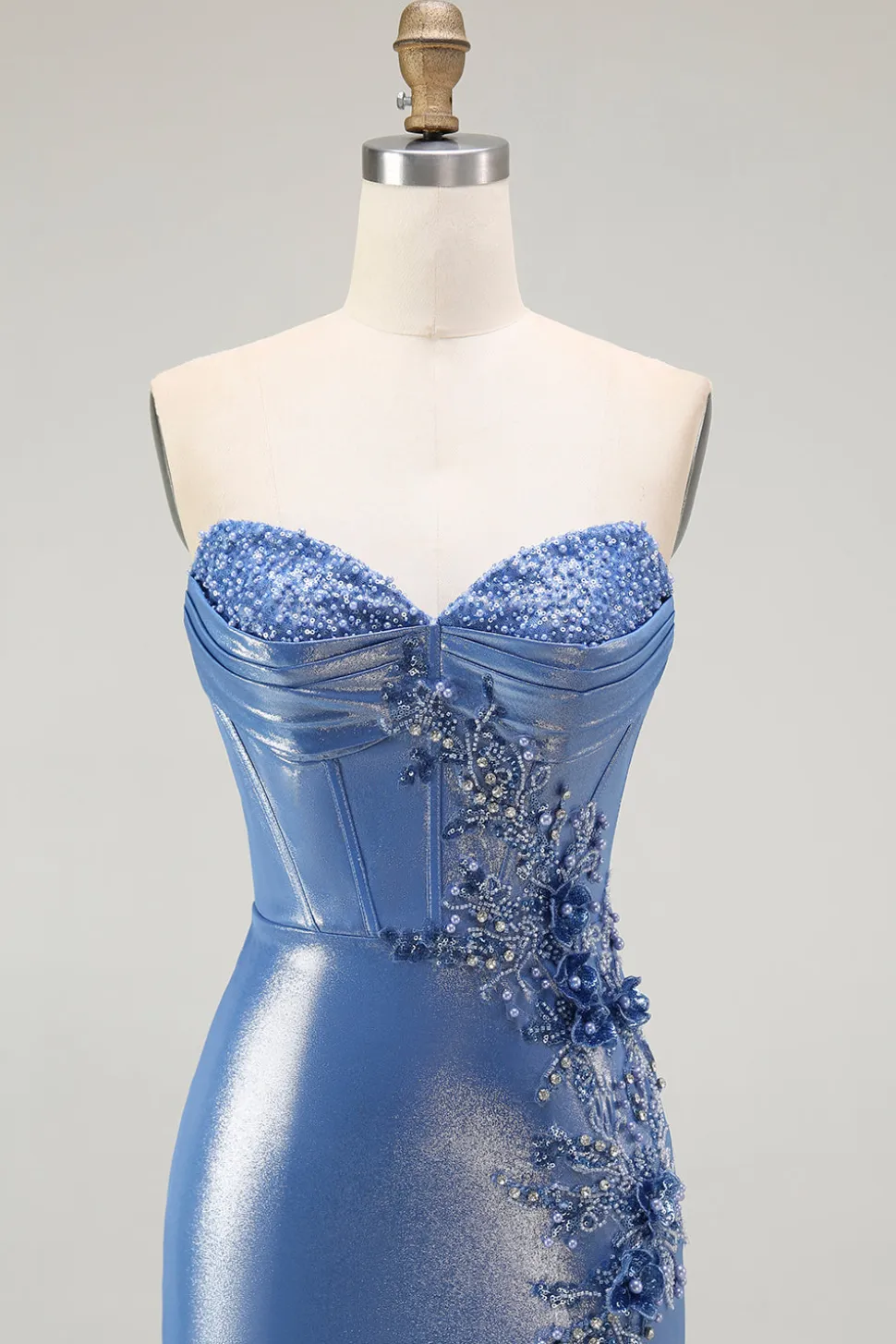 Azul Sereia Espartilho Miçangas Flores Longos Vestido De Baile Com Fenda