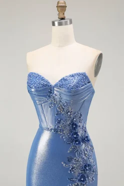 Azul Sereia Espartilho Miçangas Flores Longos Vestido De Baile Com Fenda
