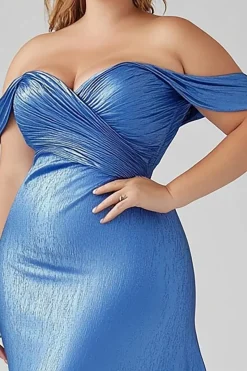 Azul Sereia Fora do Ombro Tamanhos Grandes Longo Vestidos Cerimónia