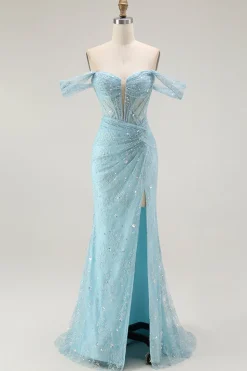 Azul Sereia Fora Do Ombro Longos Vestido Baile De Formatura Com Fenda