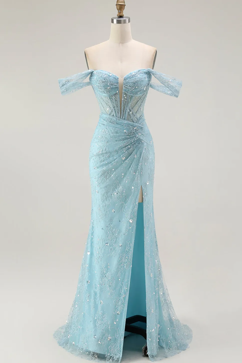 Azul Sereia Fora Do Ombro Longos Vestido Baile De Formatura Com Fenda